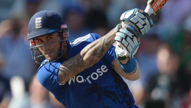 England's Alex Hales plays a shot during the third one-day international match against Pakistan