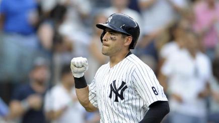 New York Yankees&#39 Jacoby Ellsbury celebrates after a two-run homer