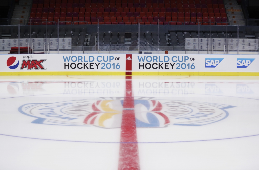 GOTHENBURG SWEDEN- SEPTEMBER 09 WCH logo on the ice during Team Sweden ice practice ahead of the match between Sweden and Finland september 9th 2016 at Scandinavium Gothenburg Sweden