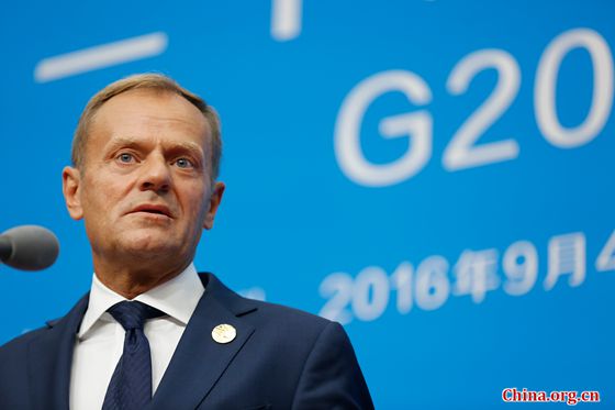 European Council President Donald Tusk speaks at a press conference on Sept. 4