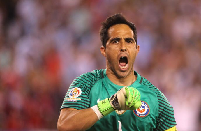 EAST RUTHERFORD NEW JERSEY- JUNE 26 Goalkeeper Claudio Bravo #1 of Chile reacts after saving a penalty during the penalty shoot out during the Argentina Vs Chile Final match of the Copa America Centenario USA 2016 Tournament at Met Life Stadium on June