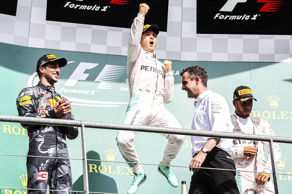 Mercedes’ Nico Rosberg celebrates after winning the Belgian Grand Prix