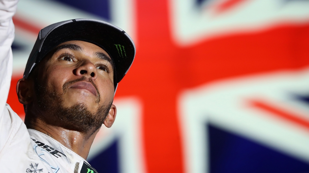 Lewis Hamilton on the podium after finishing third at the Formula One Grand Prix of Singapore at Marina Bay Street Circuit on Sept. 18 2016 in Singapore