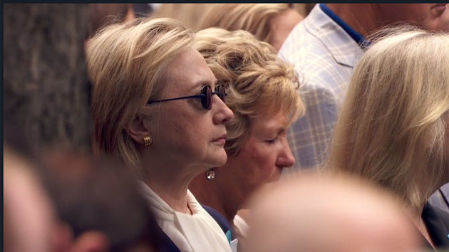 Hillary Clinton wore dark shades during a memorial service on the 15th anniversary of the 9/11 attacks. Picture