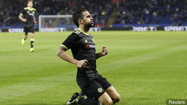 Chelsea's Cesc Fabregas celebrates scoring their third goal