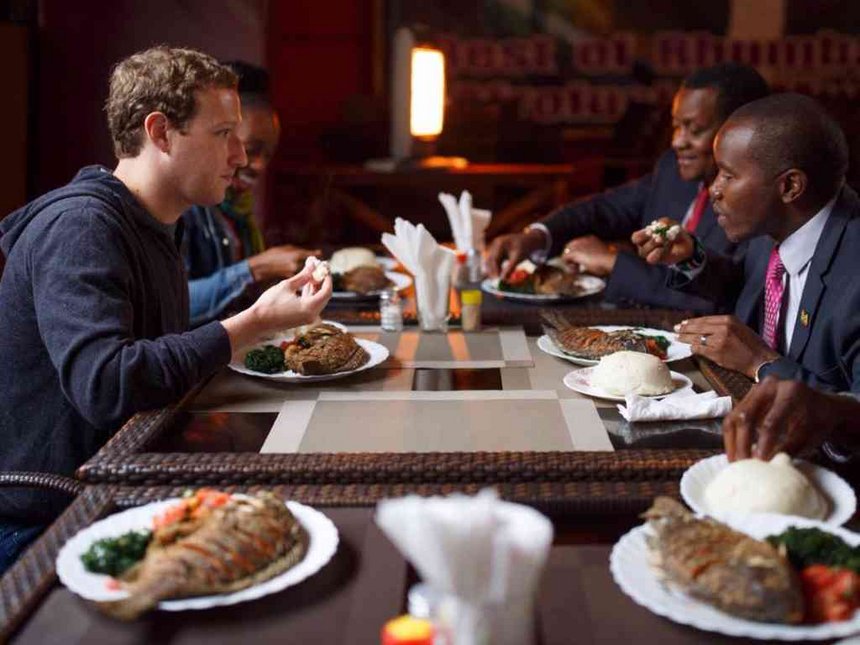 Facebook founder Mark Zuckerberg eat lunch with Kenya CS Joe Mucheru at Mama Oliech's in Yaya Nairobi