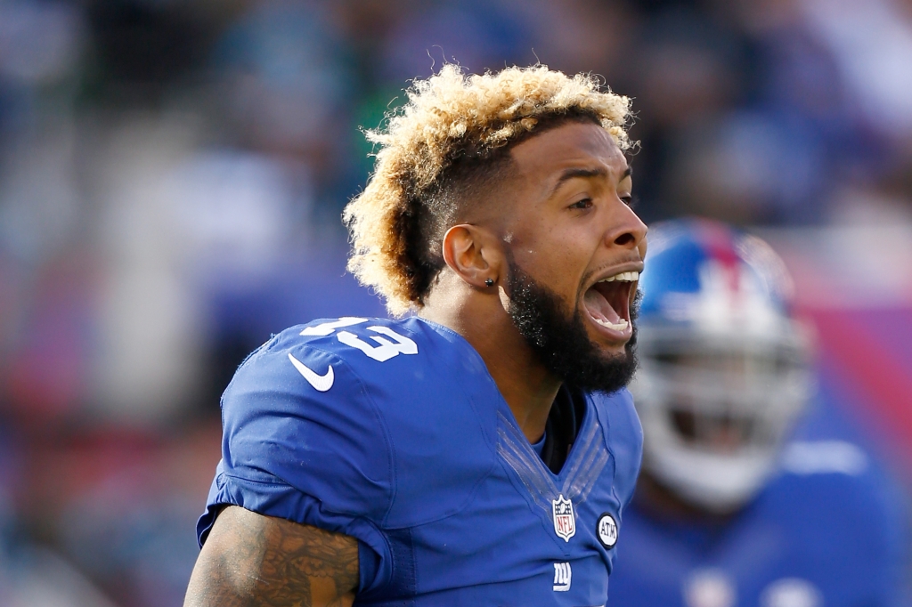 EAST RUTHERFORD NJ- DECEMBER 20 Odell Beckham #13 of the New York Giants reacts after a scuffle in the first quarter against the Carolina Panthers during their game at Met Life Stadium