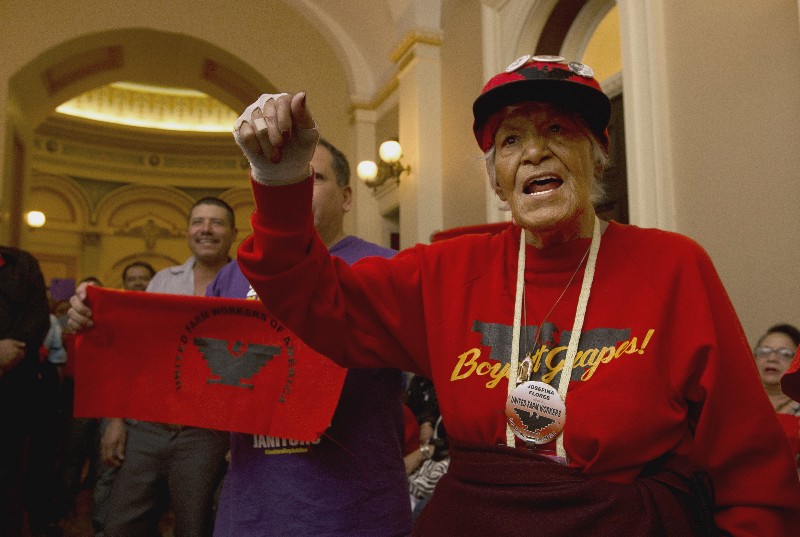 Farmworkers in the California legislature showing support for the overtime bill. CREDIT AP