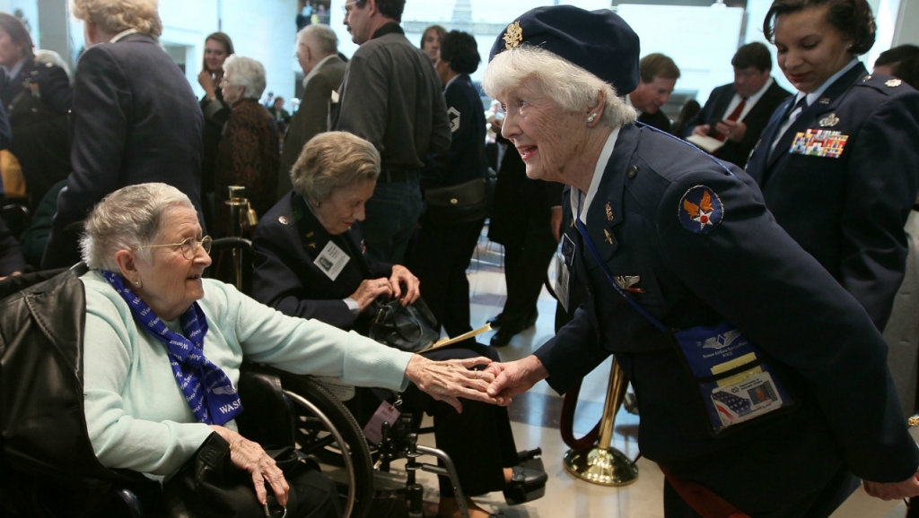 WASP pilot Elaine Danforth Harmon greets guests during a Congressional Gold Medal ceremony at the US Capitol