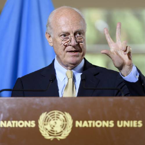 Mistura UN Special Envoy for Syria speaks about the International Syria Support Group's Humanitarian Access Task Force at the European headquarters of the United Nations in Geneva Switzerland Thursday Sept. 15 2016. (Martial