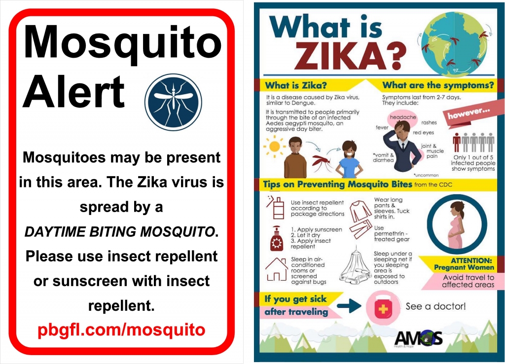 Palm Beach Gardens is conducting an additional round of spraying for mosquito with a treatment that's effective against those that carry the Zika virus and these signs are being printed for posting in parks and public areas. The city established a Zika