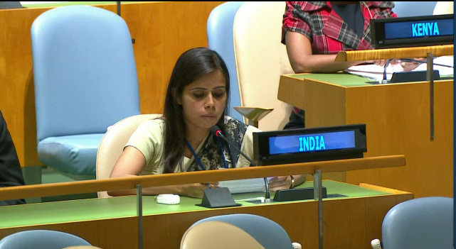 First secretary to the Indian permanent mission to the UN Eenam Gambhir responding to Nawaz Sharif's speech. Credit UN Web TV screengrab