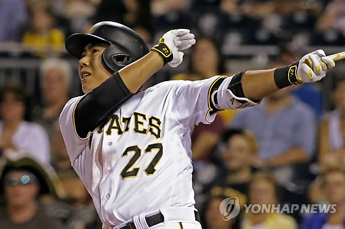 Kang Jung-ho of the Pittsburgh Pirates hits a solo home run off Luke Weaver of the St. Louis Cardinals in the fourth inning of their game at PNC Park in Pittsburgh on Sept. 6 2016