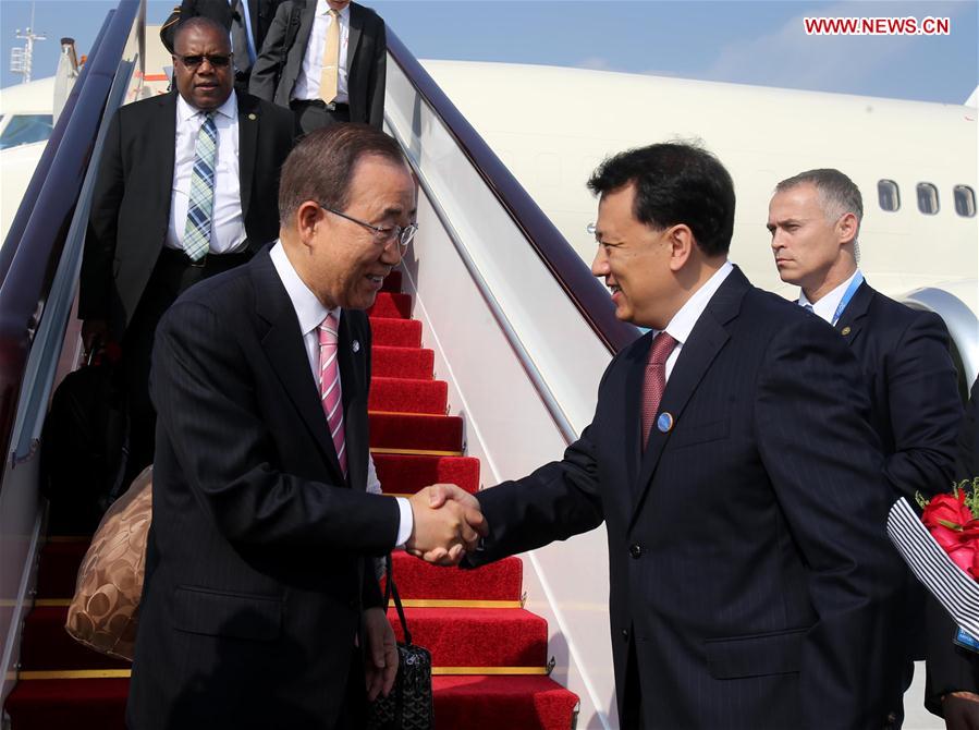 UN Secretary General Ban Ki-moon arrives in Hangzhou to attend the G20 Summit in Hangzhou capital city of east China