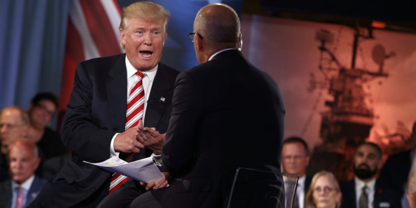 Republican presidential candidate Donald Trump speaks during the Commander in Chief Forum hosted by NBC Wednesday Sept. 7 2016 in New York