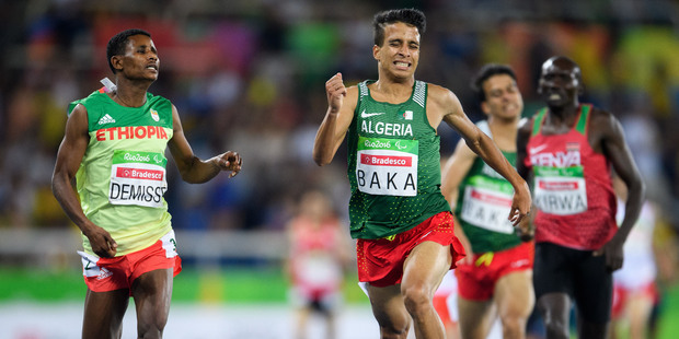 Algeria's Abdellatif Baka narrowly wins the gold ahead of Ethiopia's Tamiru Demisse in the men's 1,500-meter T13