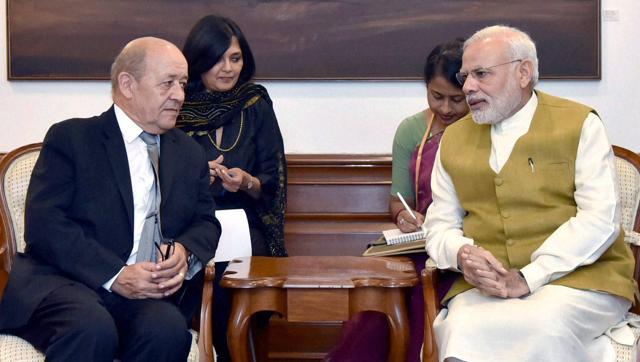 French defence minister Jean Yves Le Drian with Prime Minister Narendra Modi in New Delhi