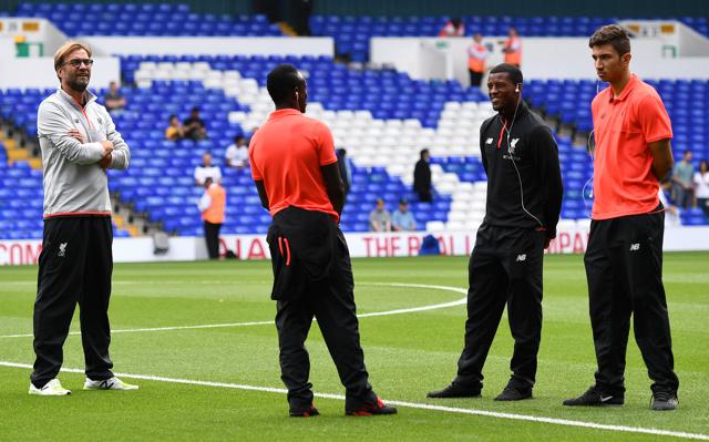 From left to right Liverpool’s Juergen Klopp Sadio Mane Georginio Wijnaldum and Marko Grujic during training