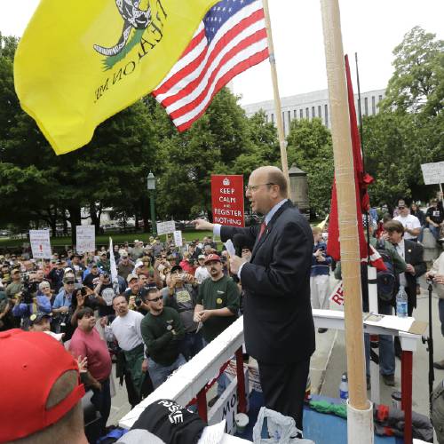 Assemblyman Bill Nojay R-Pittsford speaks during a gun-rights rally in Albany N.Y. Republican Party officials say Nojay a state assemblyman from the greater Rochester area died suddenly Friday Sept