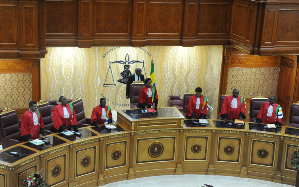 President of the Gabonese Constitutional Court Marie Madeleine Mborantsuo takes her seat ahead of a hearing at the Constitutional Court in Libreville