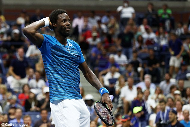 Gael Monfils celebrates after beating Lucas Pouille 6-4 6-3 6-3 at Flushing Meadows