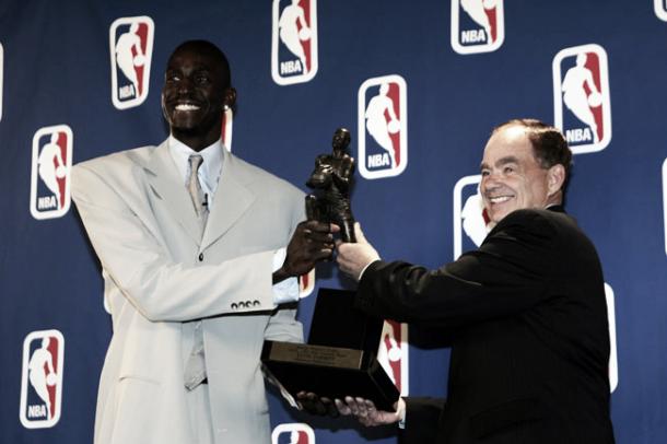 Garnett celebrating winning the 2004 MVP award. He was the Defensive Player of the Year in 2008. | Jesse D. Garrabrant  Getty Images