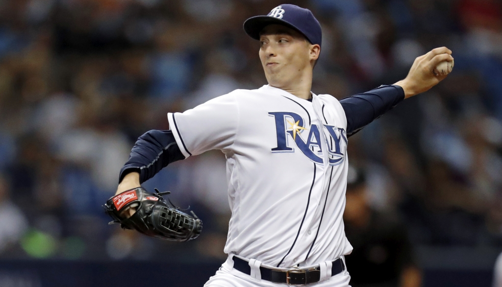 ST. PETERSBURG FL- SEPTEMBER 22 Blake Snell #4 of the Tampa Bay Rays throws during the second inning of a game against the New York Yankees at Tropicana Field