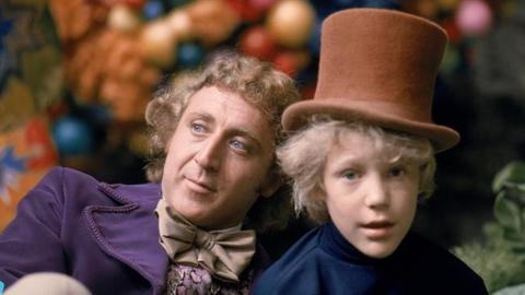 Gene Wilder as Willy Wonka and Peter Ostrum as Charlie Bucket in the film Willy Wonka and the Chocolate Factory