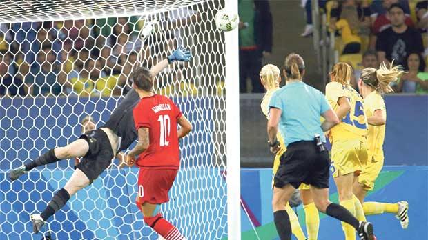 Dzsenifer Maroszan scores the opener for Germany against Sweden at the Maracana