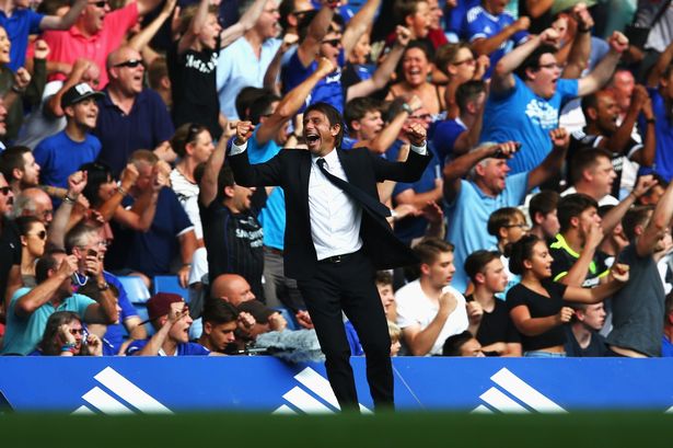 Antonio Conte Manager of Chelsea celebrates his sides third goal