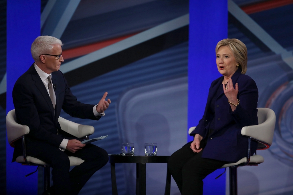 DERRY NH- FEBRUARY 03 Democratic Presidential candidates Hillary Clinton sits with CNN anchor Anderson Cooper during a CNN and the New Hampshire Democratic Party hosted Democratic Presidential Town Hall at the Derry Opera House