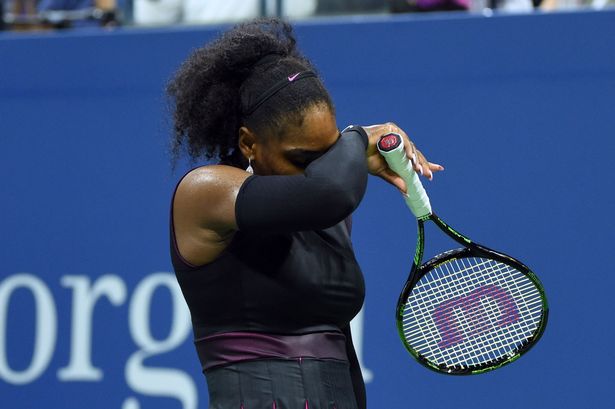 Serena Williams of the US reacts losing a point against Karolina Pliskova