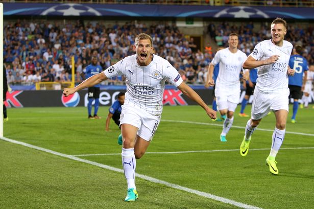 Marc Albrighton of Leicester City celebrates after scoring to make it 0-1 at Jan Breydel Stadium during the Champions League tie between Club Brugge and Leicester City at Jan Breydel Stadium