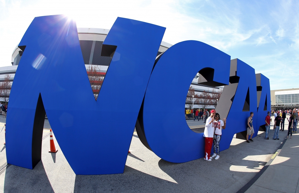 A NCAA logo is seen outside the Georgia Dome before a 2013 men's Final Four game