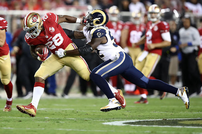 Getty Images Niners running back Carlos Hyde ran for 88 yards and two TDs vs. the Rams Monday night