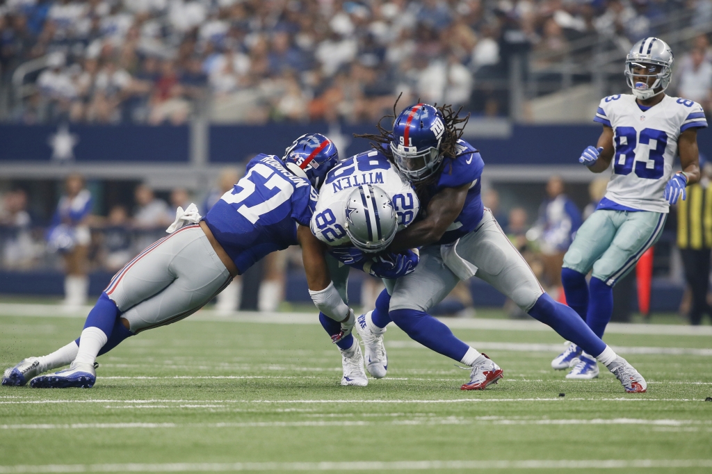 Sep 11 2016 Arlington TX USA Dallas Cowboys tight end Jason Witten is tackled by New York Giants linebacker Keenan Robinson and linebacker Kelvin Sheppard in the second quarter at AT&T Stadium. Mandatory Credit Tim Heitman-USA TODAY S