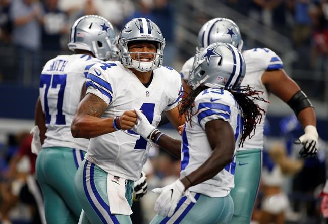 Dallas Cowboys&#39 Dak Prescott and Lucky Whitehead celebrate after Ezekiel Elliott scored a touchdown against the New York Giants on a running play in the second half of an NFL football game Sunday Sept. 11 2016 in Arlington Texas. (AP Phot