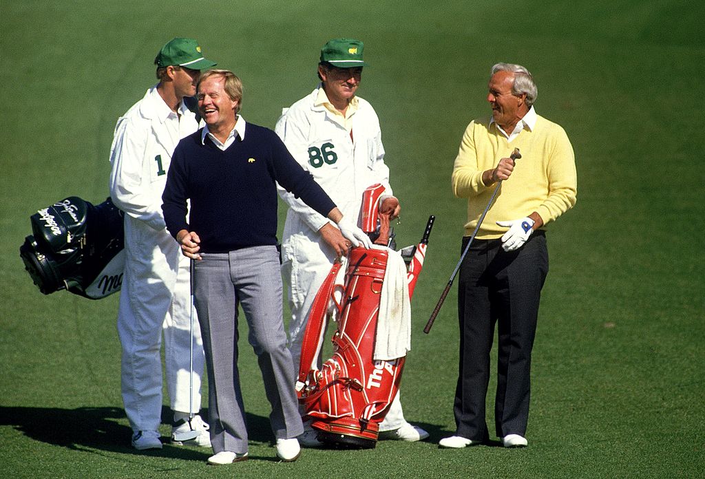 AUGUSTA GA- APRIL 9 Golfing legends Jack Nicklaus and Arnold Palmer of the USA share a joke during the US Masters