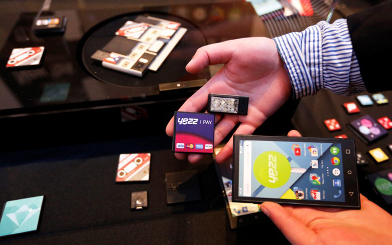 Prototype modular parts created by Yezz Mobile for Project Ara Google's modular smartphone project are shown during the Mobile World Congress in Barcelona