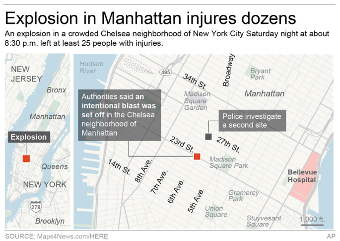 Graphic locates the site of an explosion in the Chelsea neighborhood of Manhattan 3c x 3 1/2 inches 146 mm x 88