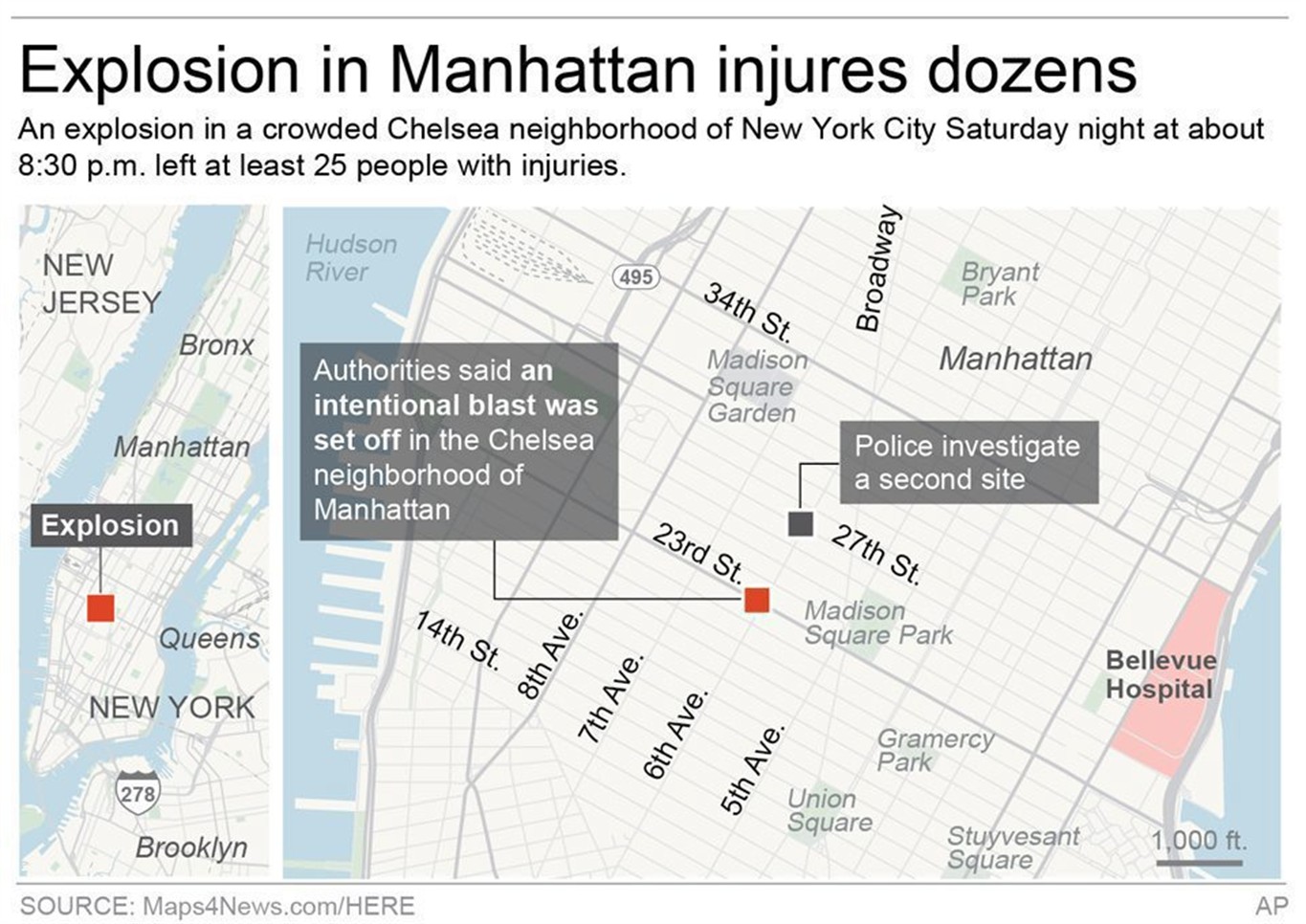 Graphic locates the site of an explosion in the Chelsea neighborhood of Manhattan 3c x 3 1/2 inches 146 mm x 88