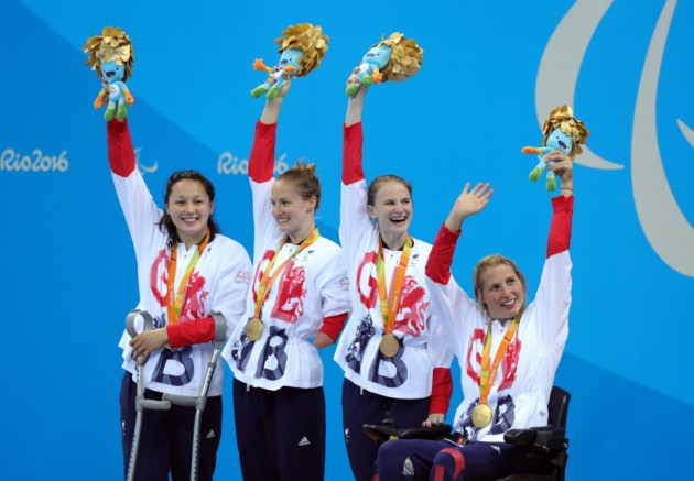 Great Britain celebrate gold in the 4x100m medley relay