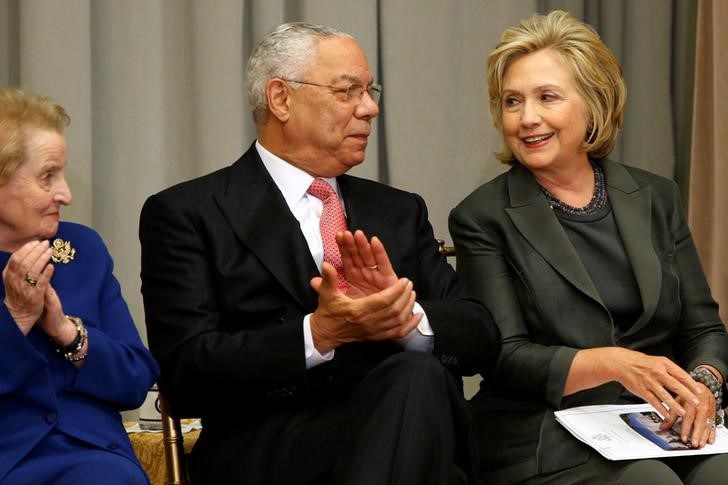 Former U.S. Secretaries of State Madeleine Albright, Colin Powell and Hillary Clinton listen to remarks at a groundbreaking ceremony for the U.S. Diplomacy Center at the State Department in Washingt