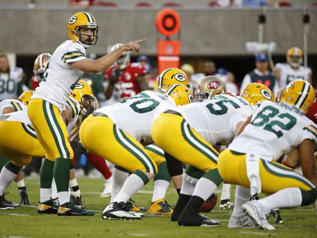 Green Bay Packers quarterback Aaron Rodgers calls out a play during the first half of an NFL preseason football game against the San Francisco 49ers Friday Aug. 26 2016 in Santa Clara Calif. AP