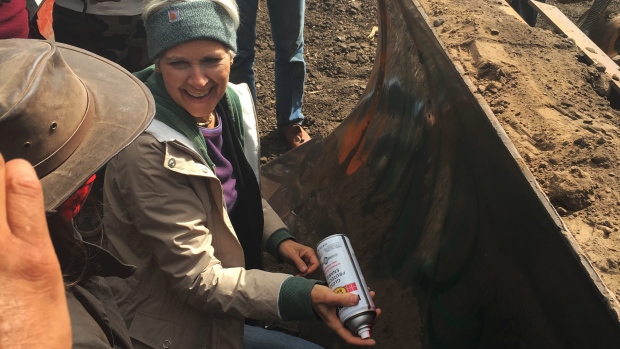 Green Party presidential candidate Jill Stein prepares to spray-paint'I approve this message in red paint on the blade of a bulldozer at a protest against the Dakota Access Pipeline in the area of Morton County N.D