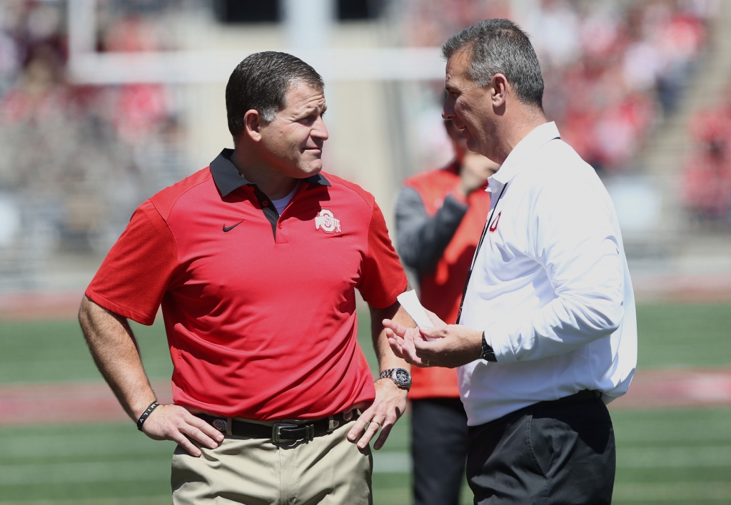 Apr 16 2016 Columbus OH USA Ohio State defensive coordinator and associate head coach Greg Schiano talks with Ohio State head coach Urban Meyer during the Ohio State Spring Game at Ohio Stadium. Mandatory Credit Aaron Doster-USA TODAY Sports