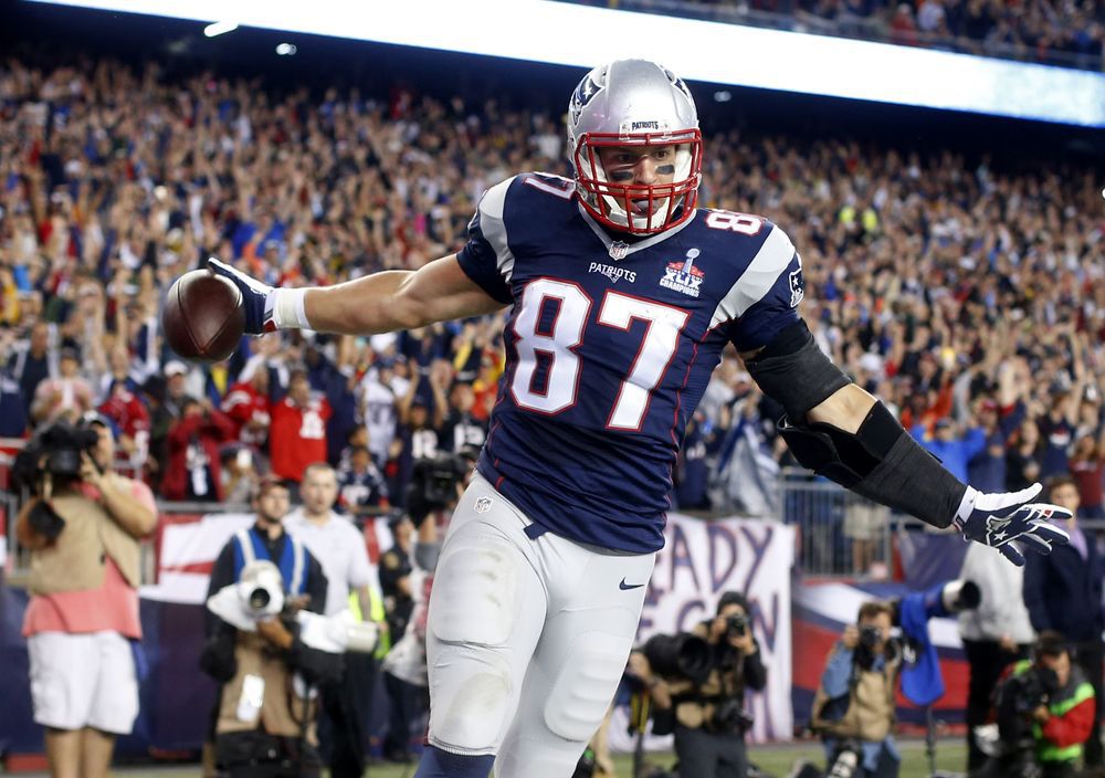 New England Patriots tight end Rob Gronkowski celebrates his first touchdown against the Pittsburgh Steelers in the first half of an NFL football game Thursday Sept. 10 2015 in Foxborough Mass