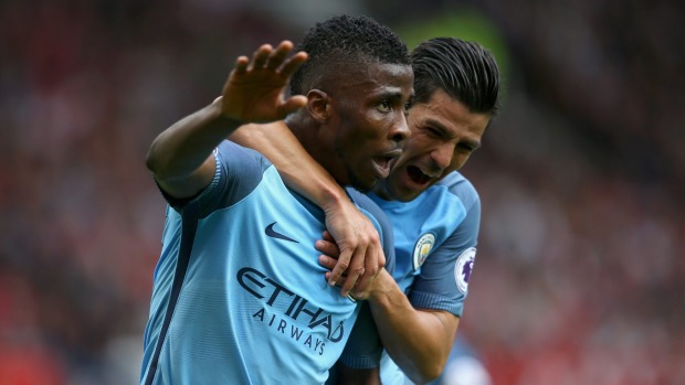 Kelechi Iheanacho of Manchester City celebrates scoring his side's second goal in the 36th minute with his