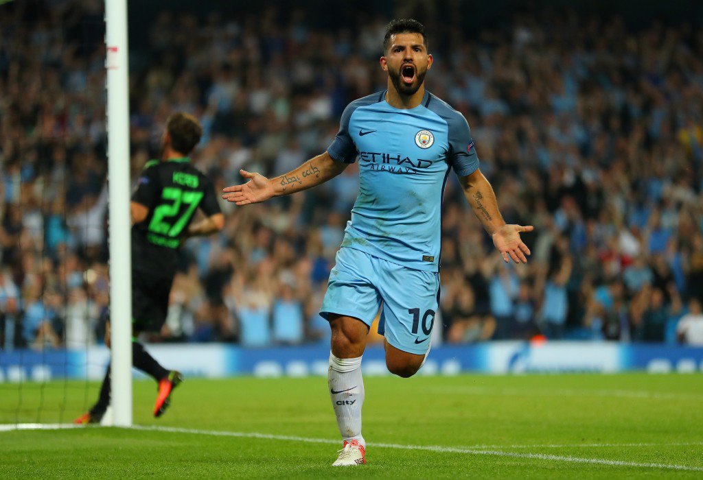 MANCHESTER ENGLAND- SEPTEMBER 14 Sergio Aguero of Manchester City celebrates scoring during the UEFA Champions League match between Manchester City FC and VfL Borussia Moenchengladbach at Etihad Stadium