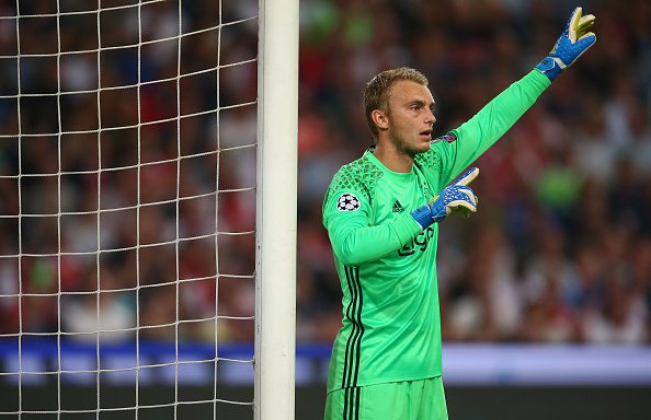 AMSTERDAM NETHERLANDS- AUGUST 16 Goalkeeper Jasper Cillessen of Ajax in action during the UEFA Champions League Play-off 1st Leg match between Ajax and Rostov at Amsterdam Arena